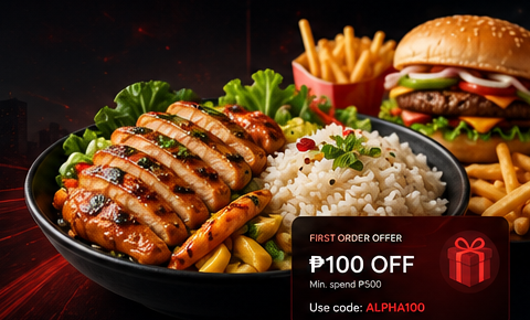 AlphaEats featured meal with rice, chicken, burger, fries, and first-order offer