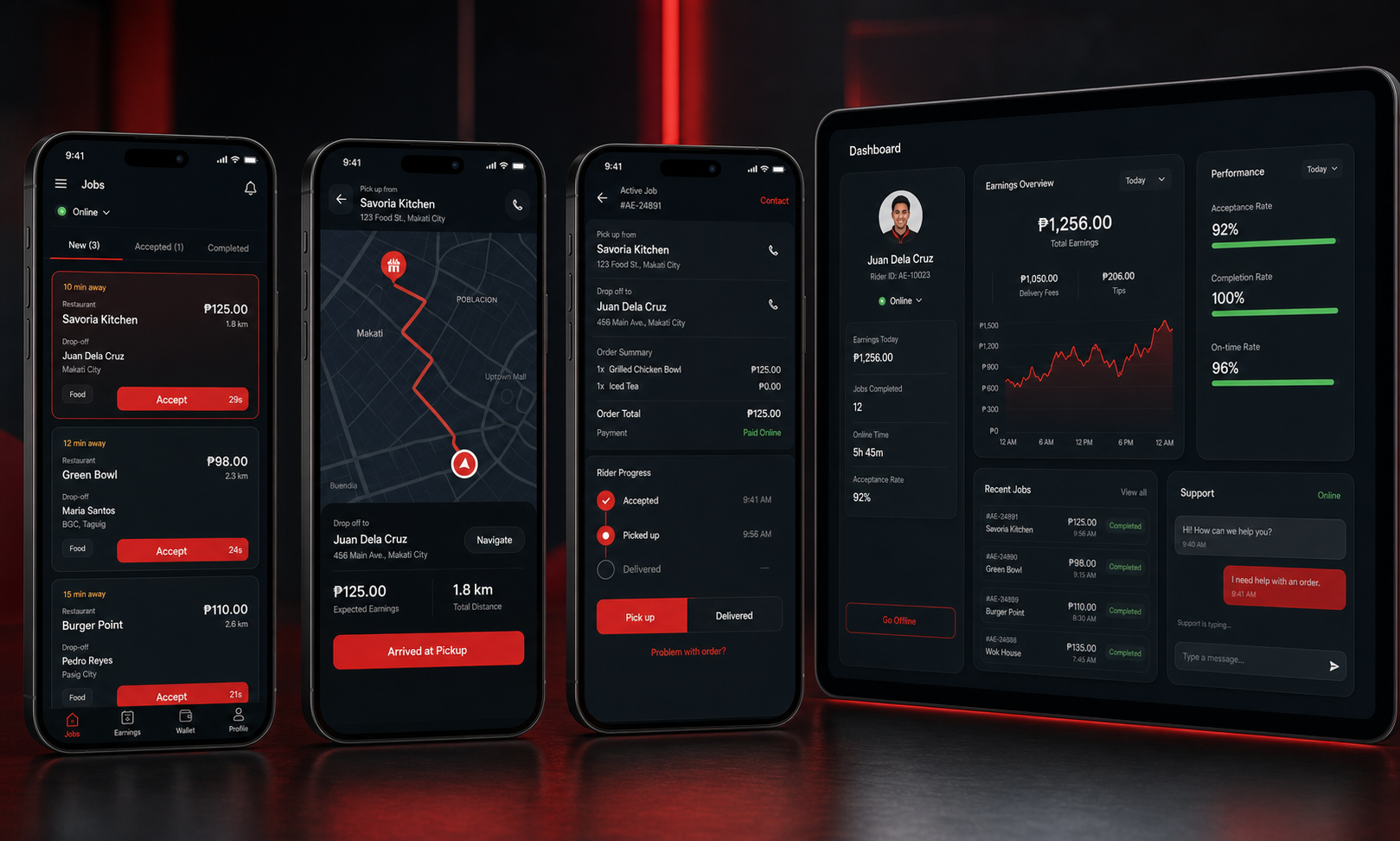 AlphaEats rider app mockup with jobs, route map, payouts, and performance