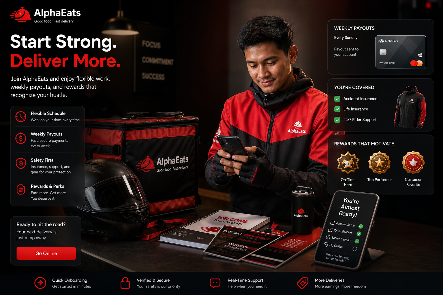 AlphaEats rider onboarding and benefits graphic with payouts, gear, support, and rewards